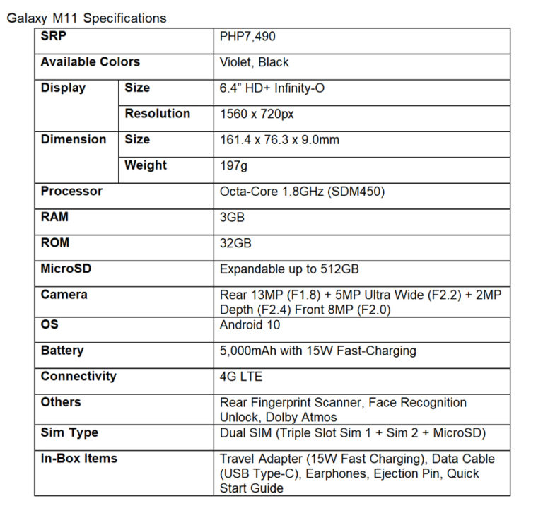 m 11 specs