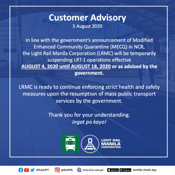 LRMC Advisory on LRT-1 Operations in Line With MECQ Announcement