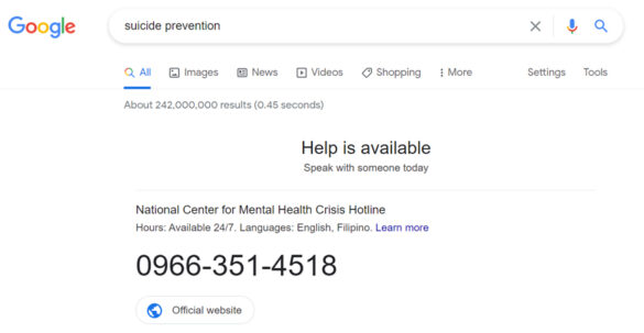 Google Search directs people to suicide prevention hotline